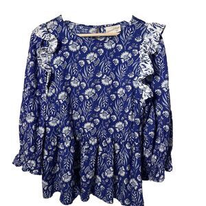 Universal Thread Top Ruffled Cobalt Blue Floral Babydoll Prairie Peasant M
